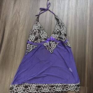 AvidLove Women's Night Lingerie Size Large Babydoll Purple Black Mesh Halter